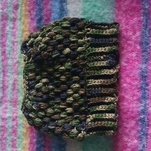 HANDMADE, "LET YOUR BUN HANG OUT" CAMO KNIT BEANIE